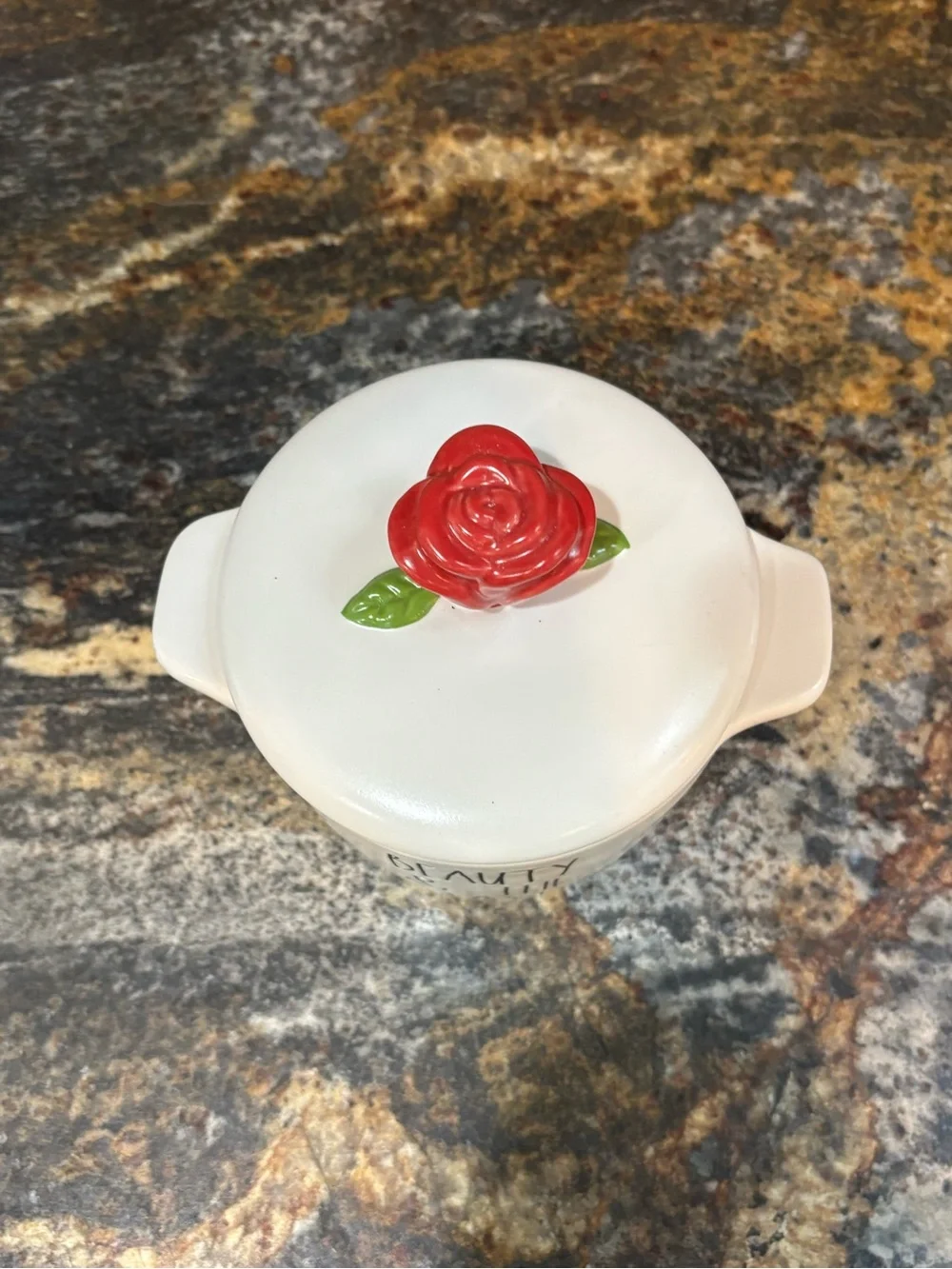 Beauty & The Beast Ceramic Ramekin with Red Rose Lid Rae Dunn